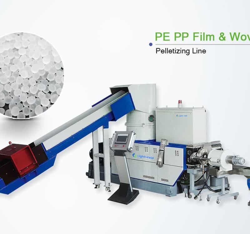 a PE PP Film and Woven Bag Pelletizing Line, a specialized industrial setup for recycling polyethylene and polypropylene materials. It begins with a depiction of the raw material in its initial and processed granular forms on the left. The process flow moves from left to right, showcasing the various machinery involved: starting with a material feeding system, followed by a crushing or grinding unit in red and blue, then an advanced processing machine in white and blue equipped with control systems. Finally, the line includes a pelletizing unit where the processed material is formed into pellets, indicated by a hopper and a collection system to the far right. This layout effectively demonstrates the transformation of waste materials into reusable plastic pellets, highlighting the recycling capabilities of the equipment.