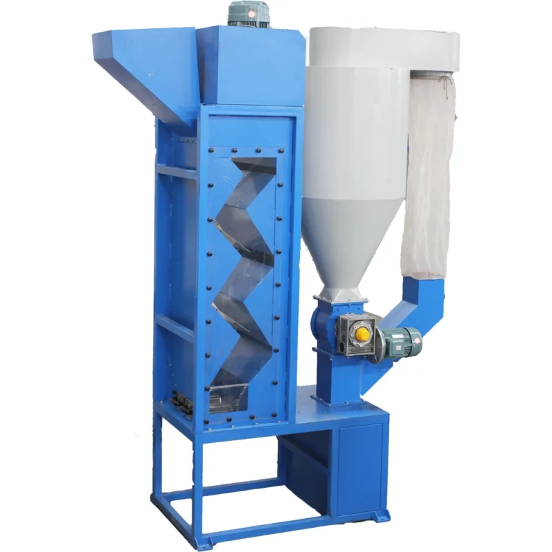 a machine known as a Zig-Zag Air Classifier. This type of equipment is commonly used in material separation and recycling processes. It functions by sorting materials based on differences in their terminal velocity in air. The zig-zag configuration allows for multiple changes in direction, increasing the likelihood that lighter materials will be separated from heavier ones as they travel through the classifier. The lower section typically collects heavier particles, while lighter materials are carried upwards by the air flow to be collected separately.